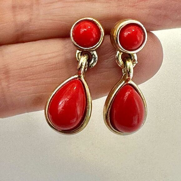 Red and gold tone drop post earrings - Picture 1 of 6